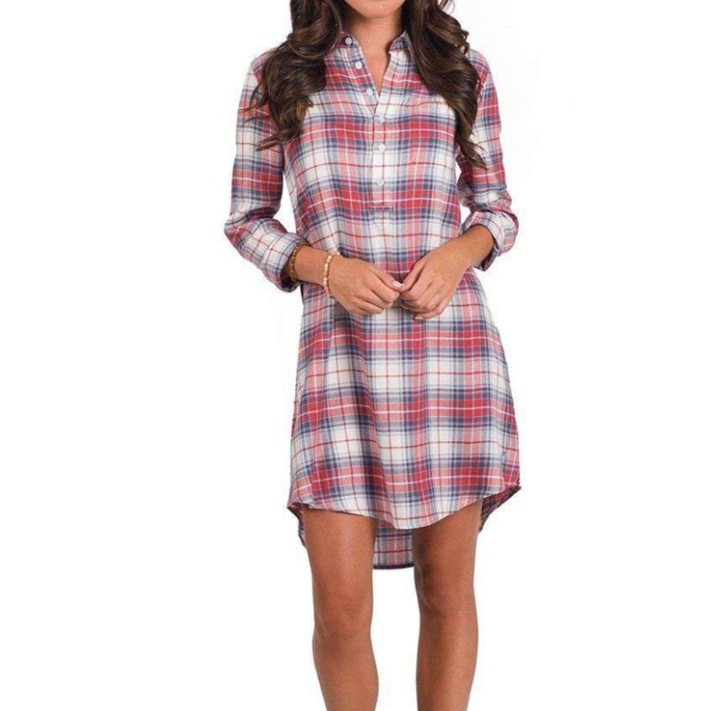 NWT Southern Tide Red and Blue Plaid Long Sleeve SHIRT SZ-M/ 100% VISCOSE